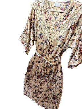 California Dynasty Vintage 80's Satin Floral Robe and Nightgown Peignoir Set